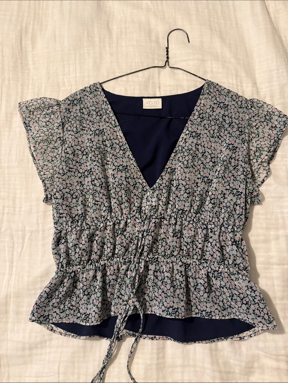 A'GACI Floral Navy & Pink V-Neck Ruffle Peplum Top